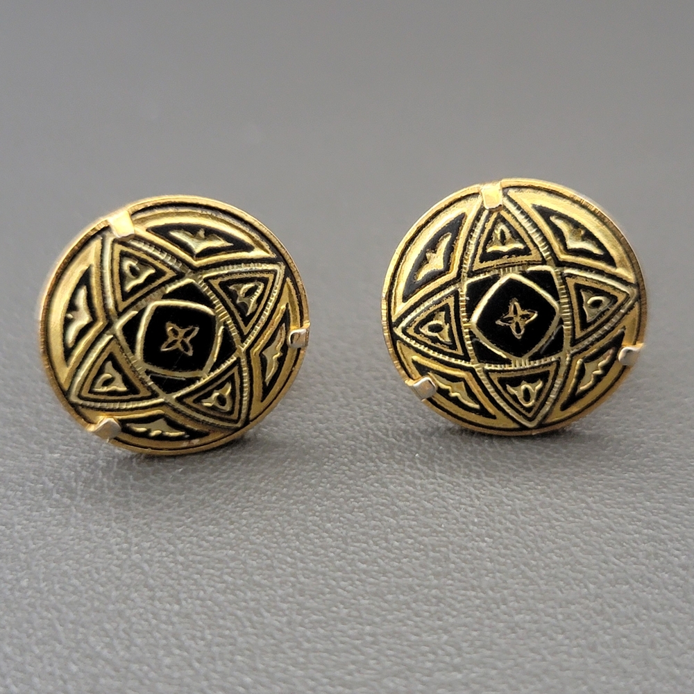 Vintage Damascene Clip-On Earrings, Black & Gold Mandala Design